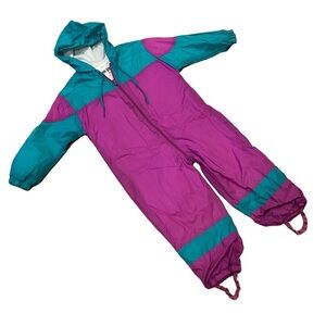 Vintage 90s Kids Rain Track Suit Neon Colour Block Hooded Girls 4T 4yr Retro